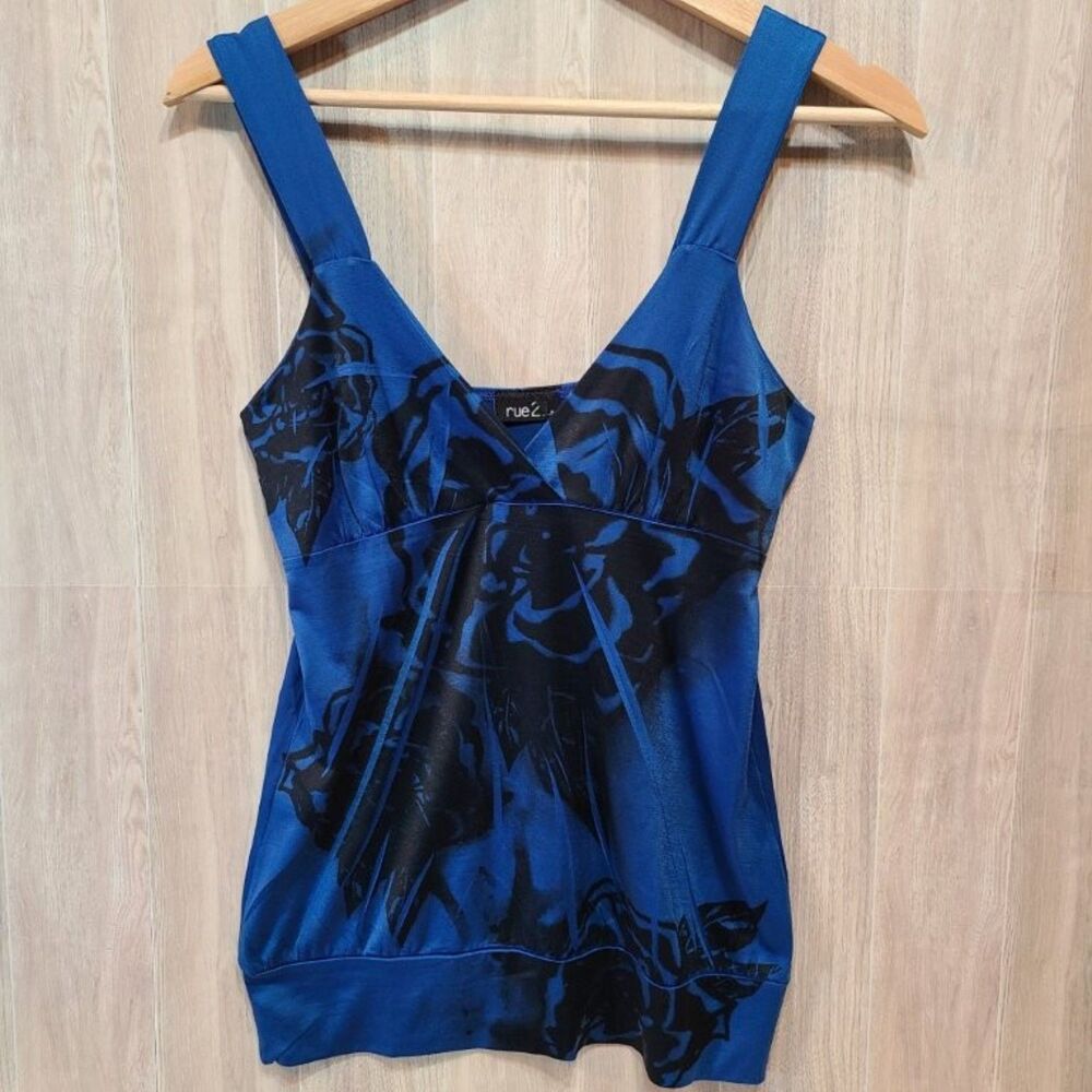 Rue21 Blue Floral Tank Top Small S Sleeveless Empire Waist Babydoll Cami Stretch